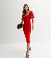 New Look Red Sweetheart Notch Neck Short Sleeve Midi Bodycon Dress